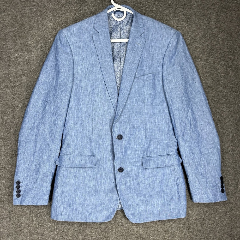 100% Linen Blazer Jacket Men's 38L Blue Slim Fit Bar III Beach Wedding Summer